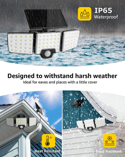 Lepro Solar Security Lights Outdoor Motion Sensor, 2 in 1 Separated and Integrated Remote Control IP65 Waterproof Solar Lights with 3 Light Modes, 3 Heads Solar Floodlight for Garden Yard