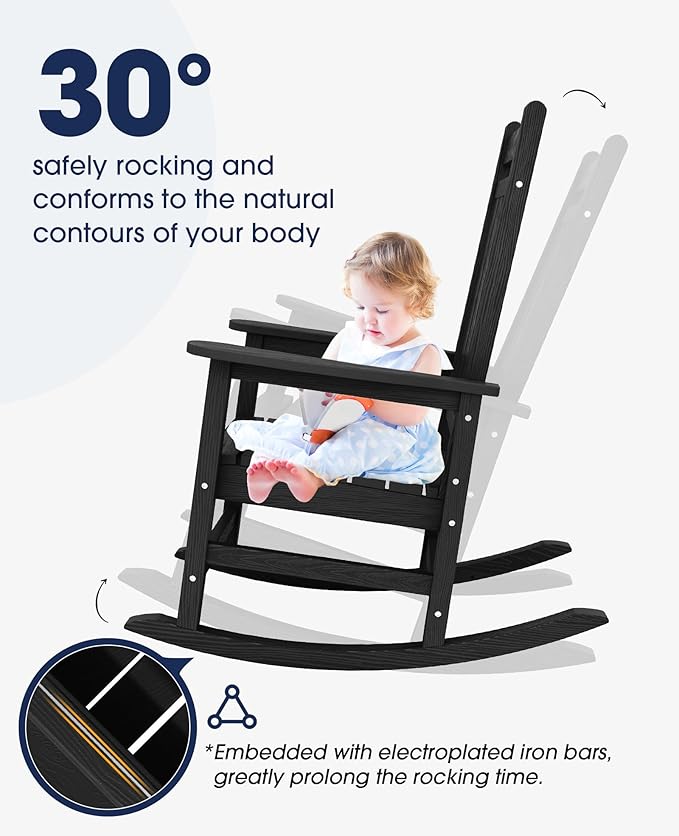 KINGYES Oversized Outdoor Rocking Chair Set of 2, All-Weather Patio Rocking Chairs for Porch, HDPE Outdoor Patio Rockers with High Back & Wide Seat for Garden, Lawn, Black