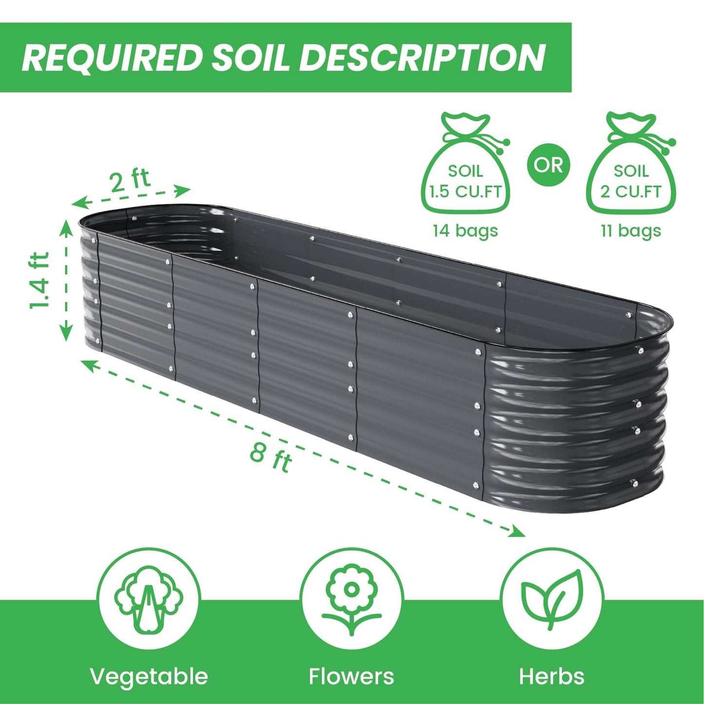 FarmGeo Raised Garden Bed Kit 8 x 2 x 1.4 ft, 9-in-1 Modular Metal Raised Garden Bed Outdoor, Powder-Coated Galvanized Planter Box for Vegetables, Herbs and Flowers （Gray）