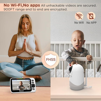 Blemil 5" Split-Screen Baby Monitor with 30-Hour Battery, Large Video Baby Monitor with Camera and Night Vision, Remote Pan/Tilt/Zoom Camera, Two-Way Talk, Lullabies, No WiFi,Up to 1000ft