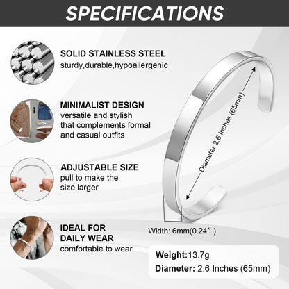 MEALGUET Stainless Steel Mens Cuff Bracelet : Minimal Cool Silver Open Metal Cuff Bangle Bracelets for Men,65mm,Mens Bracelet Jewelry