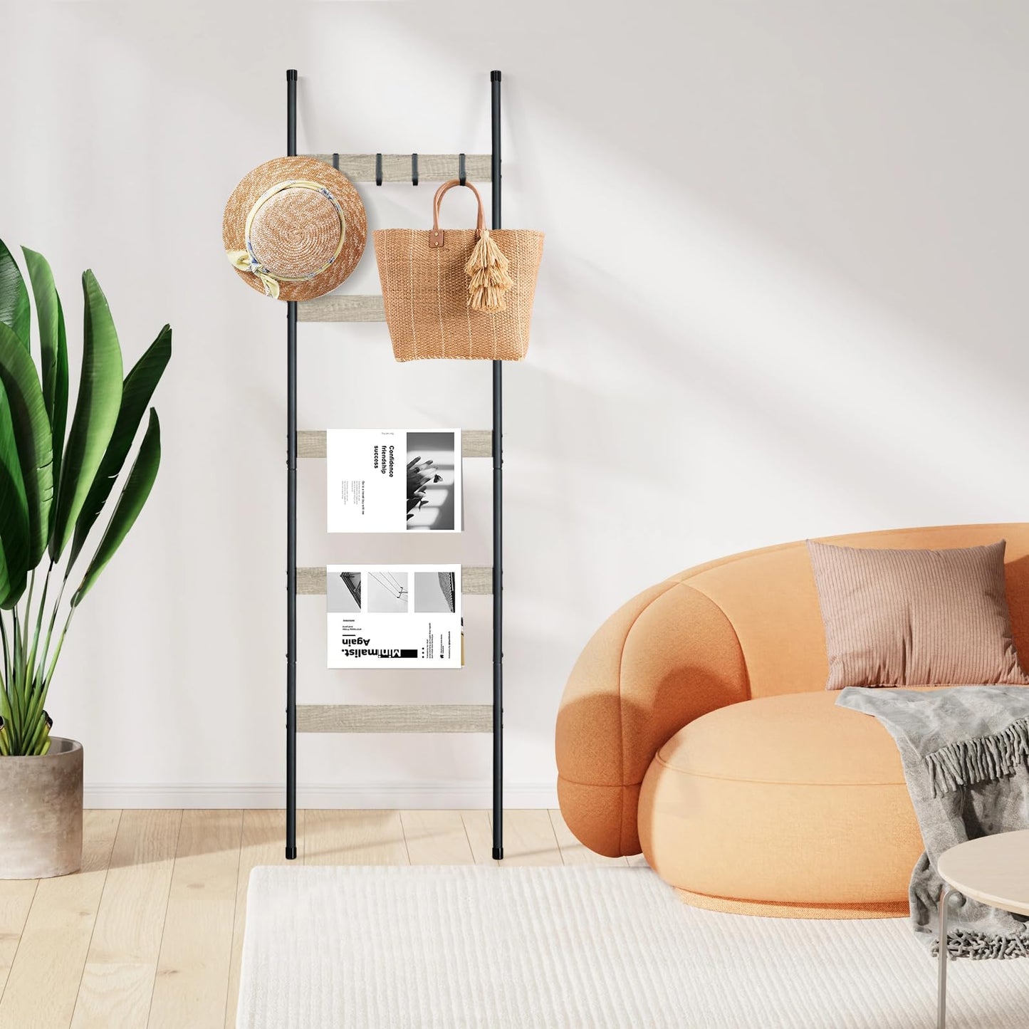 ELYKEN Blanket Ladder for Living Room, Farmhouse 5-Tier Quilt Holder with 4 Removable Hooks for Bathroom, Wood Towel Rack Display, Wall Anchor Leaning Decorative Stand for Home, White Oak