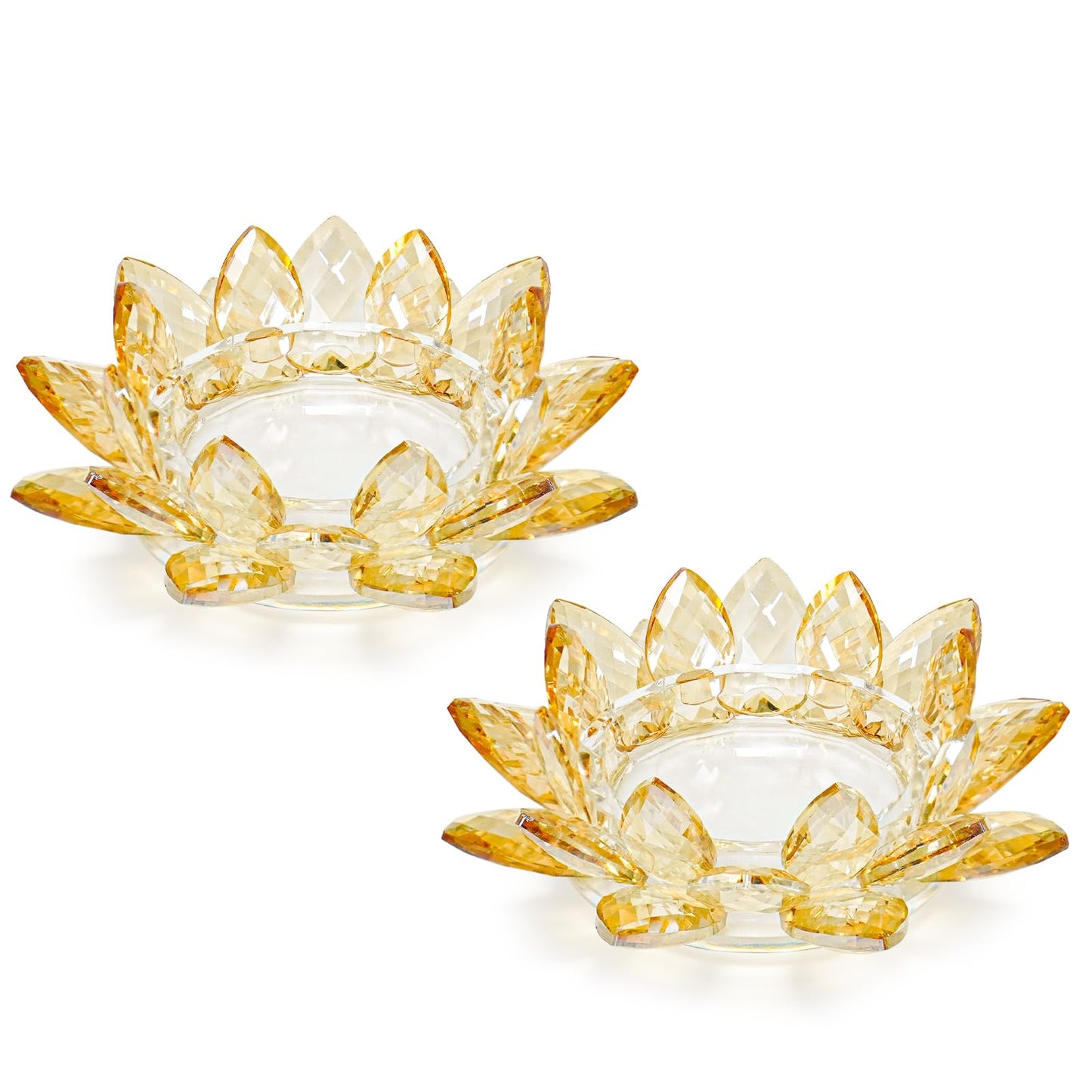 Large Crystal Lotus Tealight Candle Holder for Up to 6" Diameter Pillar Candle Plate Candlestick,Chunky Glass Votive Stand for Wedding, Party, Table Centerpiece Decor and Yoga Meditation (2, Gold)