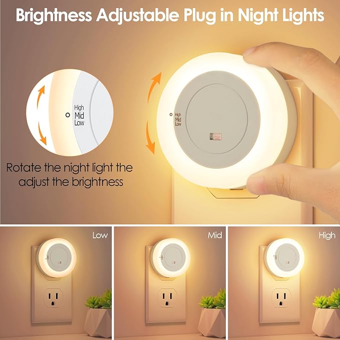 FOLKSMATE LED Night Lights Plug in, 2-Pack Dimmable Nightlight Plug Into Wall with Light Sensor, Soft White Adjustable for Adults, Bedroom, Bathroom, Livingroom
