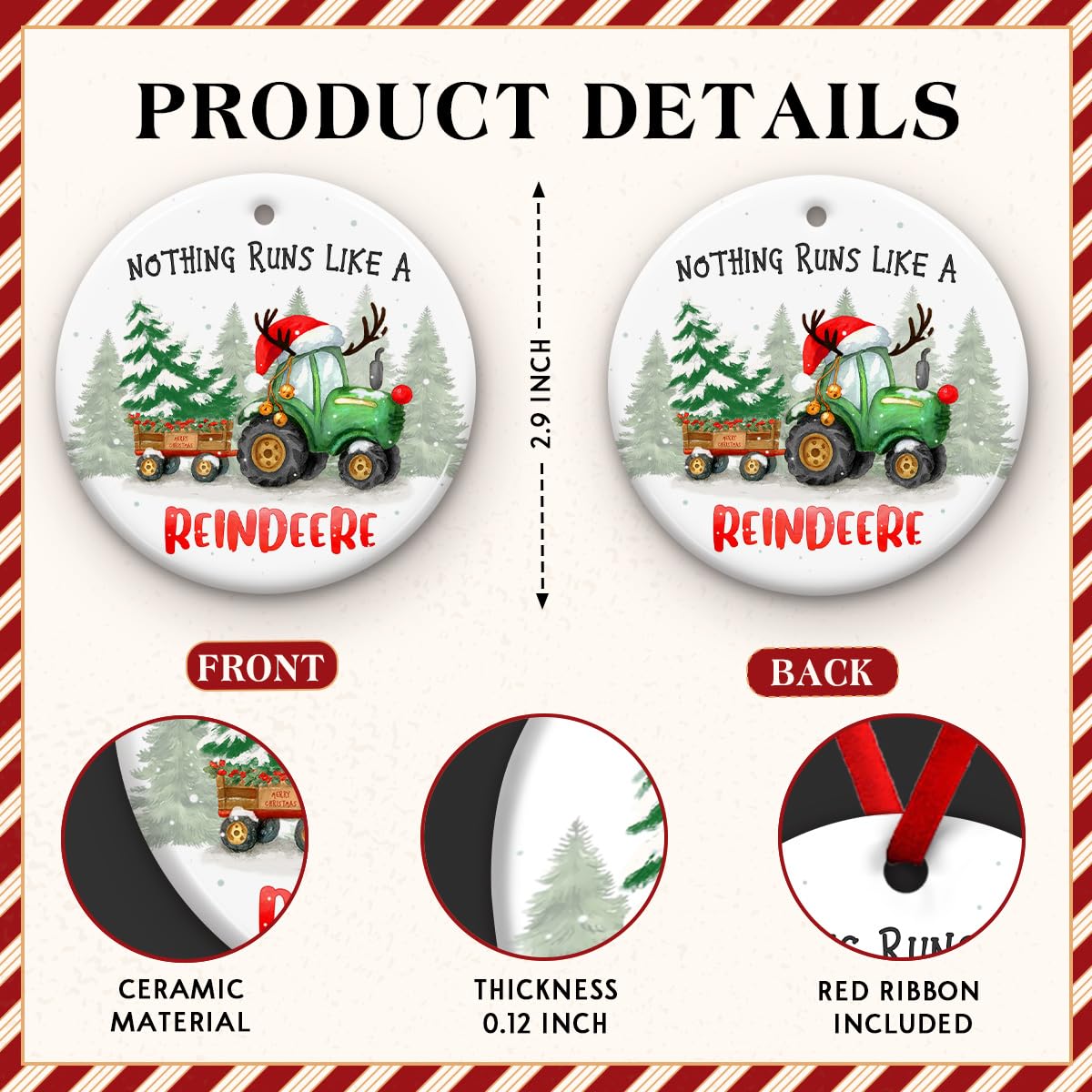 KILYHOME Funny Tractor Reindeer Christmas Ornament – “Nothing Runs Like Reindeere” Farmhouse Rustic Holiday Decor, Keepsakes & Gifts for Deer Lovers – Christmas Tree Decoration, Xmas Gift for Farmers