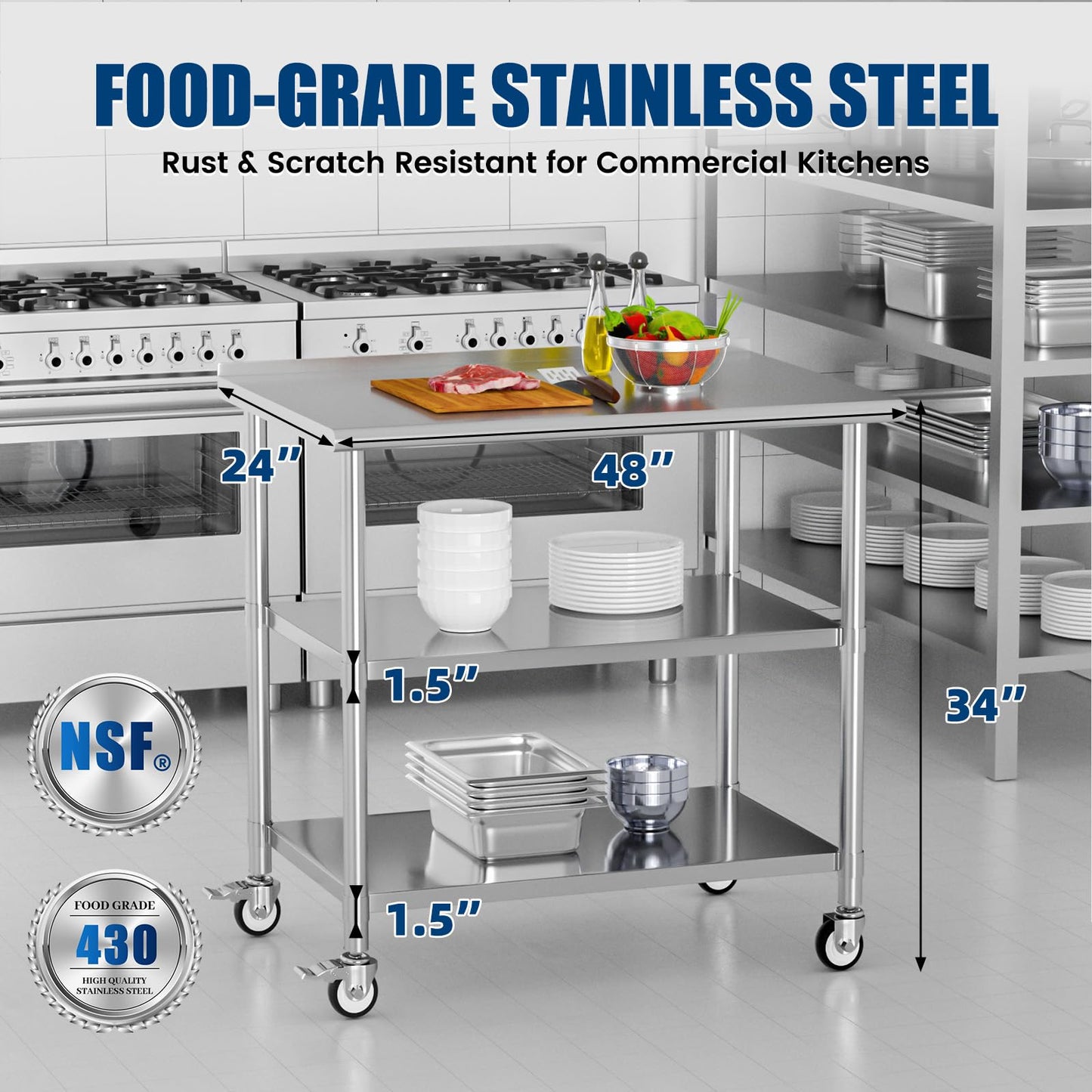 Chingoo Stainless Steel Work Table with Wheels, 24x48 Inch NSF Food Prep Table with Backsplash & 2 Adjustable Undershelves for Commercial Kitchen, Restaurant, Garage