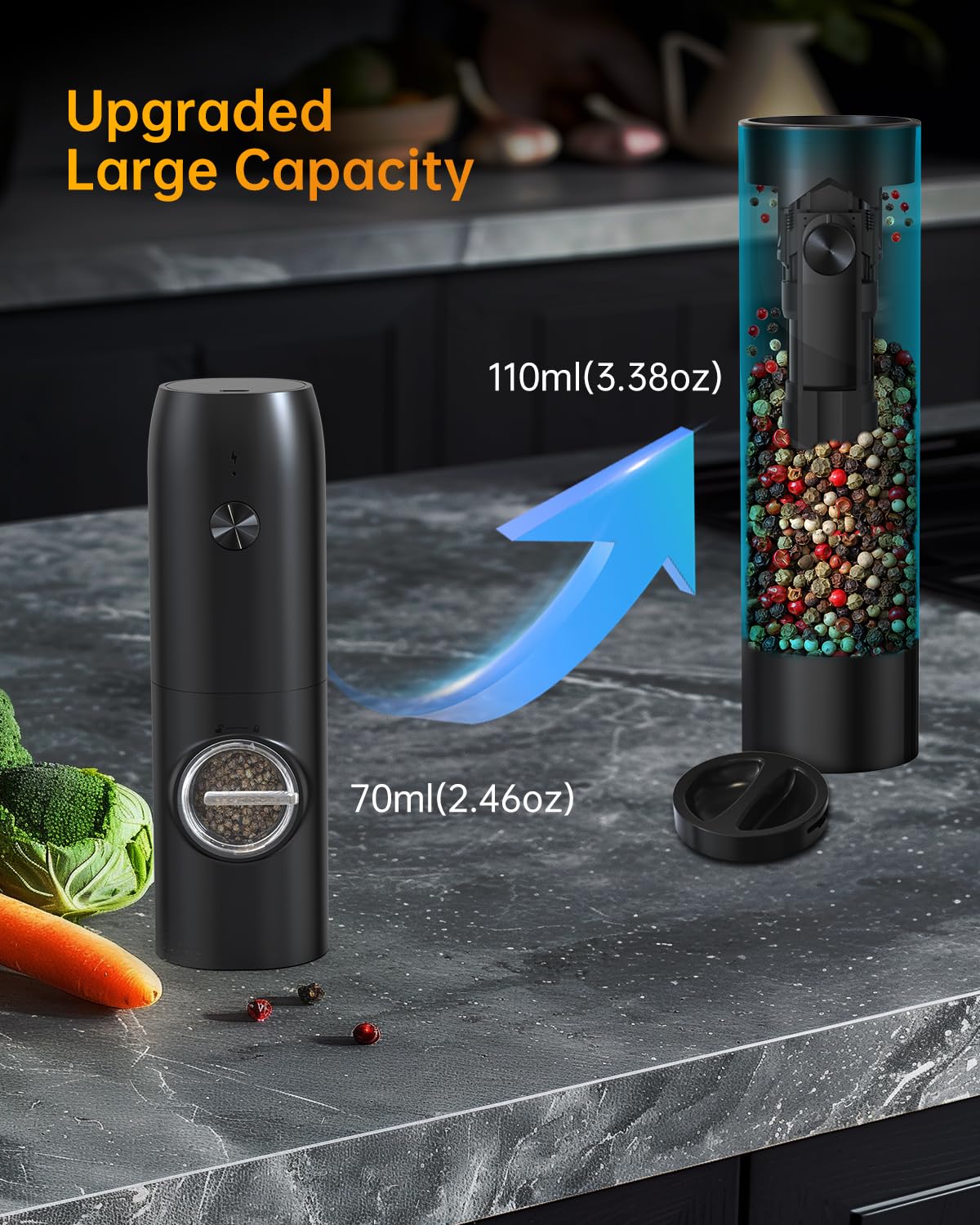 CIRCLE JOY Rechargeable Electric Salt and Pepper Grinder Set Automatic Pepper Mill Grinders with Charging Base, Adjustable Coarseness, 110ml Capacity and White LED Light, Black