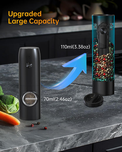 CIRCLE JOY Rechargeable Electric Salt and Pepper Grinder Set Automatic Pepper Mill Grinders with Charging Base, Adjustable Coarseness, 110ml Capacity and White LED Light, Black