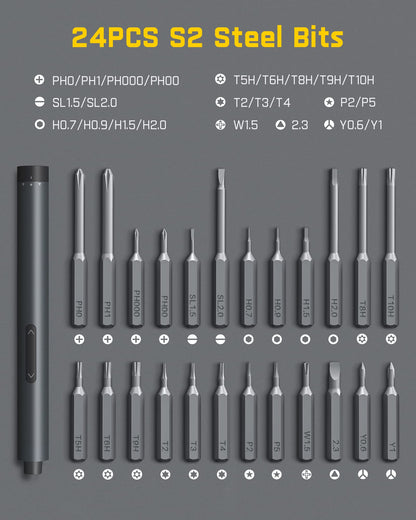 Fanttik E1 Pro 3.7V Mini Electric Screwdriver, Precision Screwdriver Set with LED Light, 24 Magnetic Bits, Max. 3 N.m, Magnetic Storage, 5/32''Hex, Repair Tool Set for Phone Camera Laptop Watch