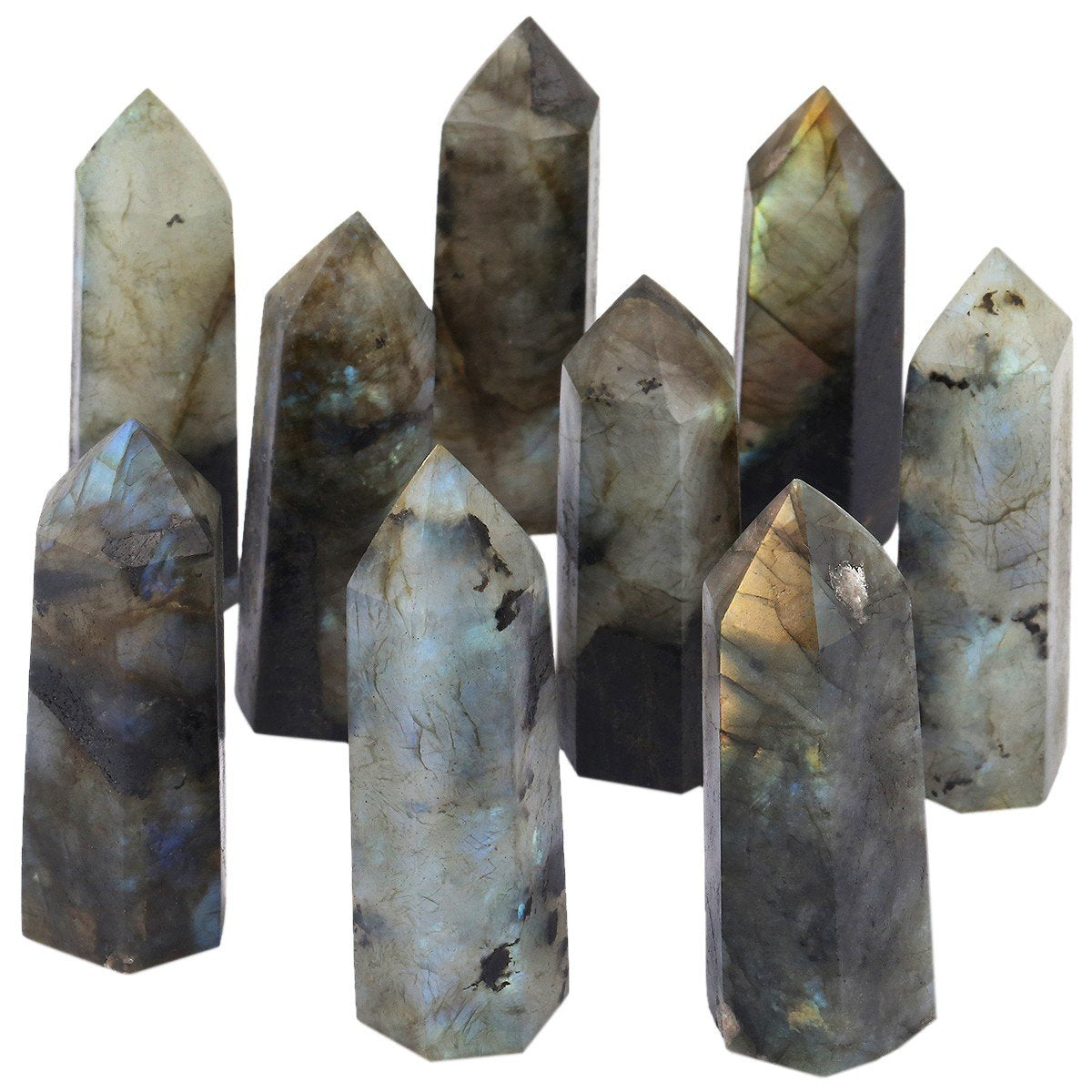 SUNYIK Angel Aura Quartz1.2-2.5"/Labradorite 1.6"-2.8" Self Standing 6 Facet Single Point Figurine Sphere Pack of 2