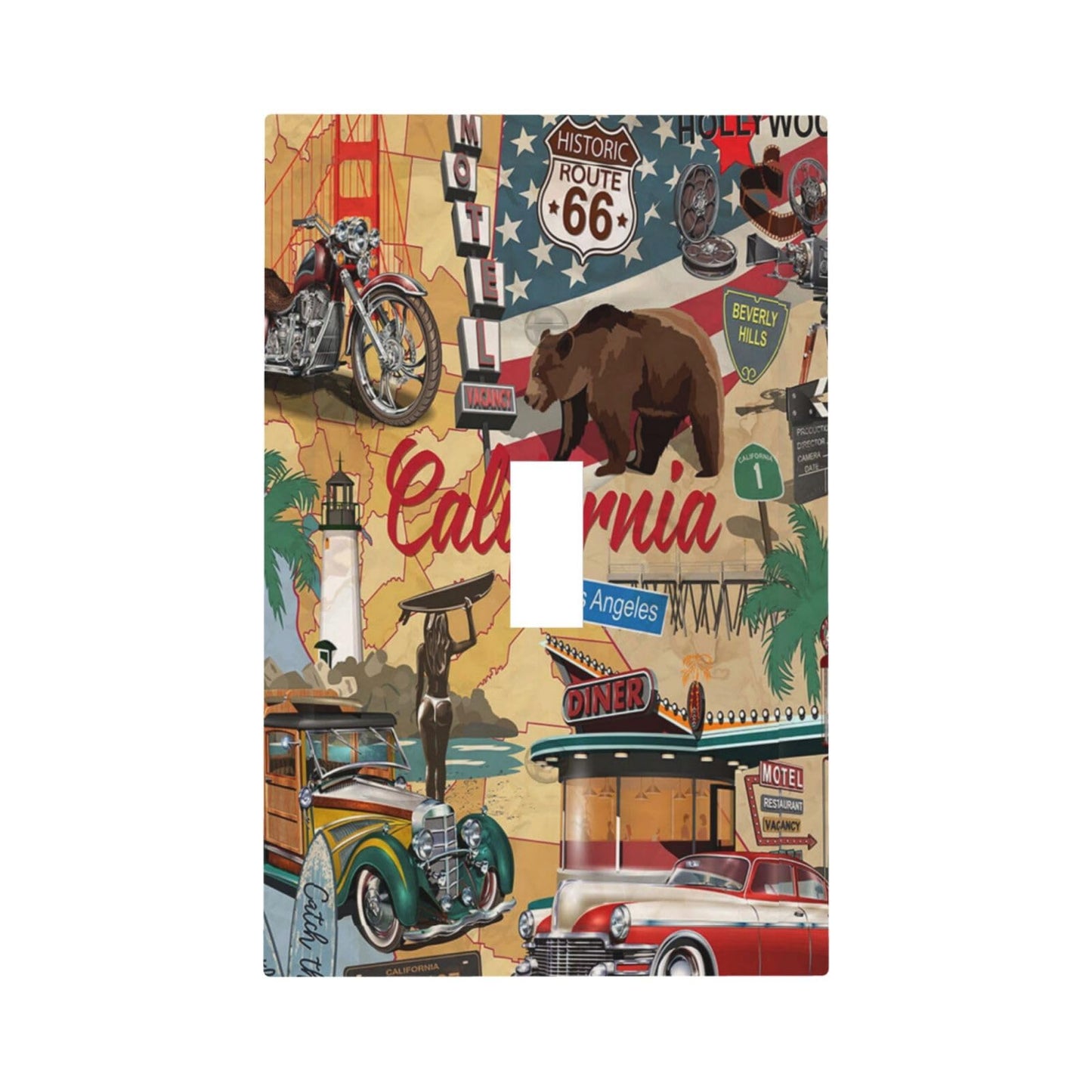 Historic Route 66 Old Fashioned Bear Cars Truck Diner Motorcycle Map Road Trip Journey American USA 1 Gang Single Toggle Light Switch Wall Plate Mid Size Outlet Cover Electrical Faceplate Switchplate