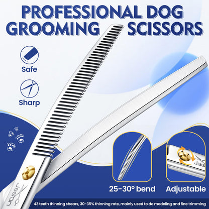 Jason 7.5 Inch Curved Thinning Scissors for Dog 43 Teeth Professional Downward Curved Blending Trimming Shears Japanese 440C Stainless Steel Dog Scissors with Symmetrical Handle