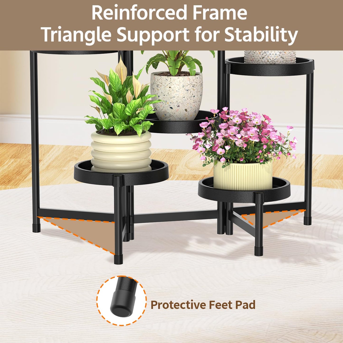 LASZOLA 6 Tiered Plant Stand Indoor Outdoor with Plastic Tray, Corner Folding Tall Flower Display Rack, Modern Plant Holder Shelf for Outdoor Patio Porch Garden Office Living Room, Black