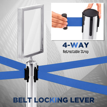 Zonon 6 Pack Crowd Control Stanchion Set with 9.8 FT Retractable Belt and 1 Sign Holder Crowd Control Barrier - Easy Connect Assembly(Silver and Blue)