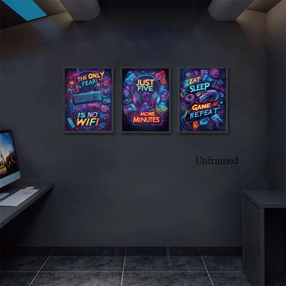 Yolbcdr Neon Gaming Posters Video Game Wall Art Prints Set of 3 Game Room Decor Gaming Sign Painting Playroom Cool Pictures Gamer Wall Decor for Boy Teen Men Bedroom Bathroom 12x16in Unframed