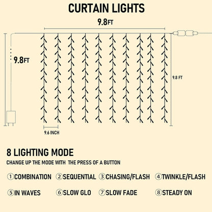 Dazzle Bright 300 LED Curtain String Lights, Christmas Fairy Lights for Bedroom with 8 Lighting Modes, Connectable Waterproof Window Lights Party Wedding Garden Wall Decor, Blue