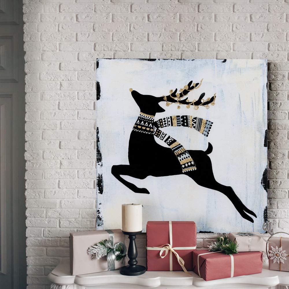 Renditions Gallery Christmas Reindeer Wall Art, Cute Winter Artwork, Black, Gold, & White, Tribal Patterns, Premium Gallery Wrapped Canvas Decor, Ready to Hang, 24 in H x 24 in W, Made in America