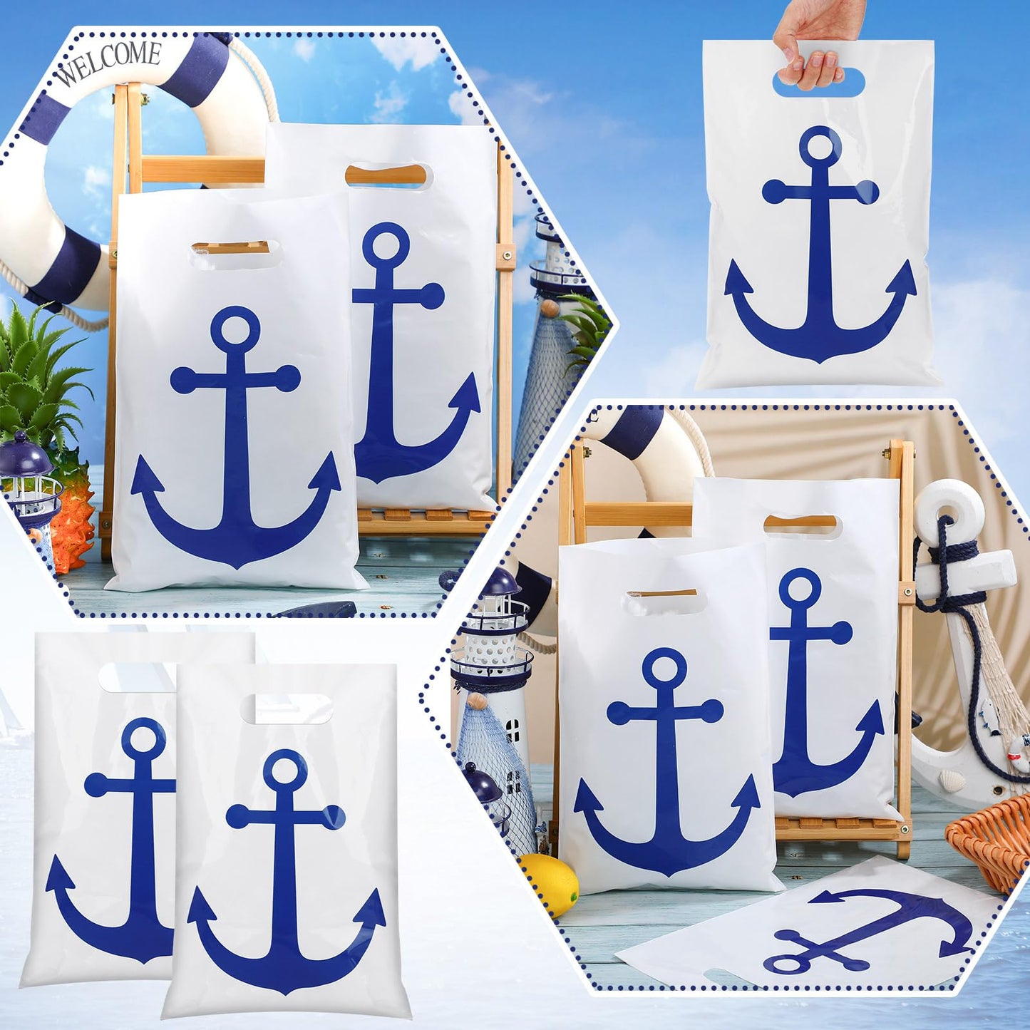 Supervitae 50 Pcs Nautical Anchors Plastic Goody Bags Summer Nautical Party Gift Bags with Handles for Cruise Birthday Wedding Beach Theme Parties Supplies Favors Decor