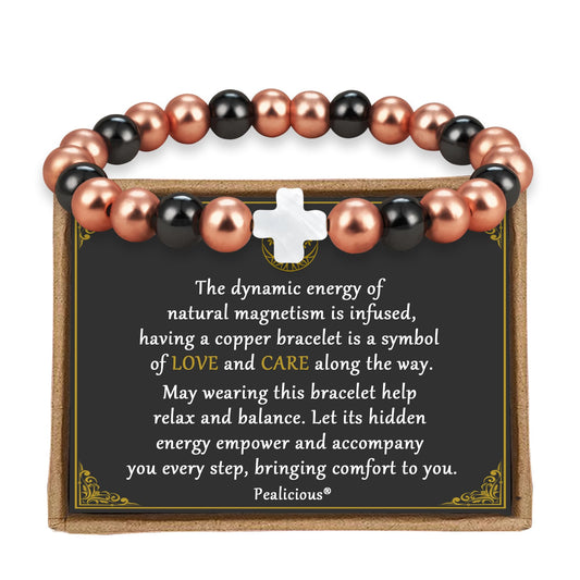 PEALICIOUS Copper Bracelet for Women and Men, 8MM Cross Copper Magnetic Bracelets with 3500 Gauss Magnetic Bead as Christian Jewelry for Mom, Cooper Hematite Jewelry as Mother Day Gift for Parents
