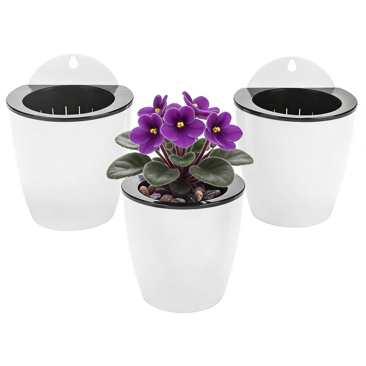 3 Pack Self Watering Wall Hanging Planter Pots Vertical Garden Window Hang Mount Indoor Outdoor Plant Flower Basket for Kitchen Herbs Balcony Railing Shelf Fence Bedroom Trellis Decor Modern White Box