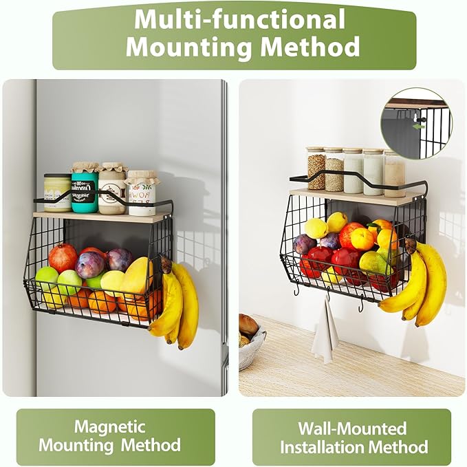 Magnetic Shelf for Fridge with Wood Lid, 2 Tier Fruit Baskets Wall Mounted