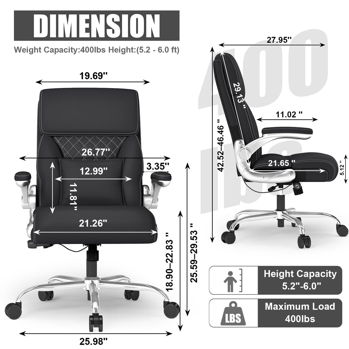 Ergonomic Leather Office Chair with Adjustable Lumbar Support, Flip-Up Armrests Desk Computer Chair, Swivel PC Chair with Rocking Function