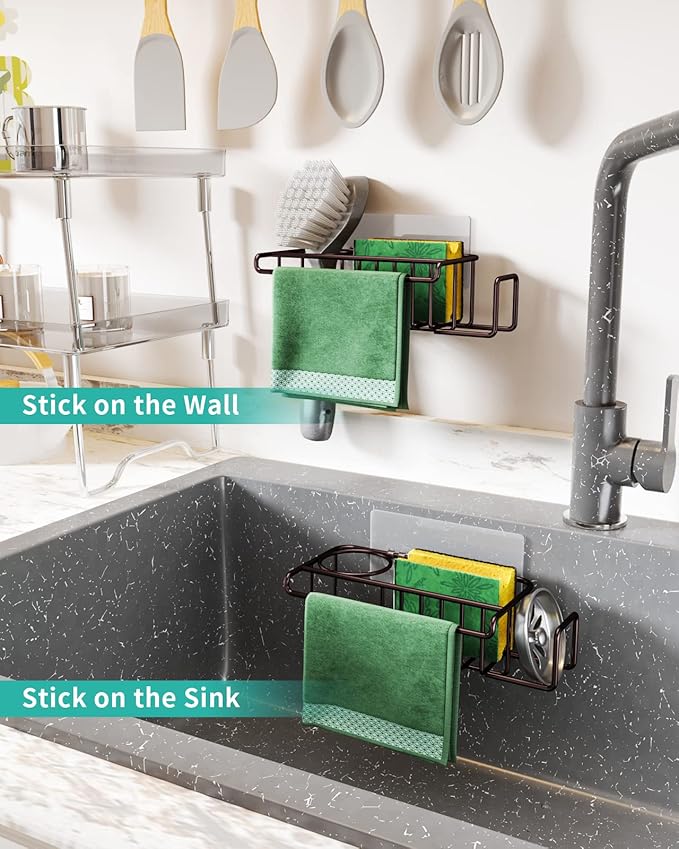 HapiRm 4 in 1 Adhesive Kitchen Sink Organizer, SUS304 Stainless Steel Brush