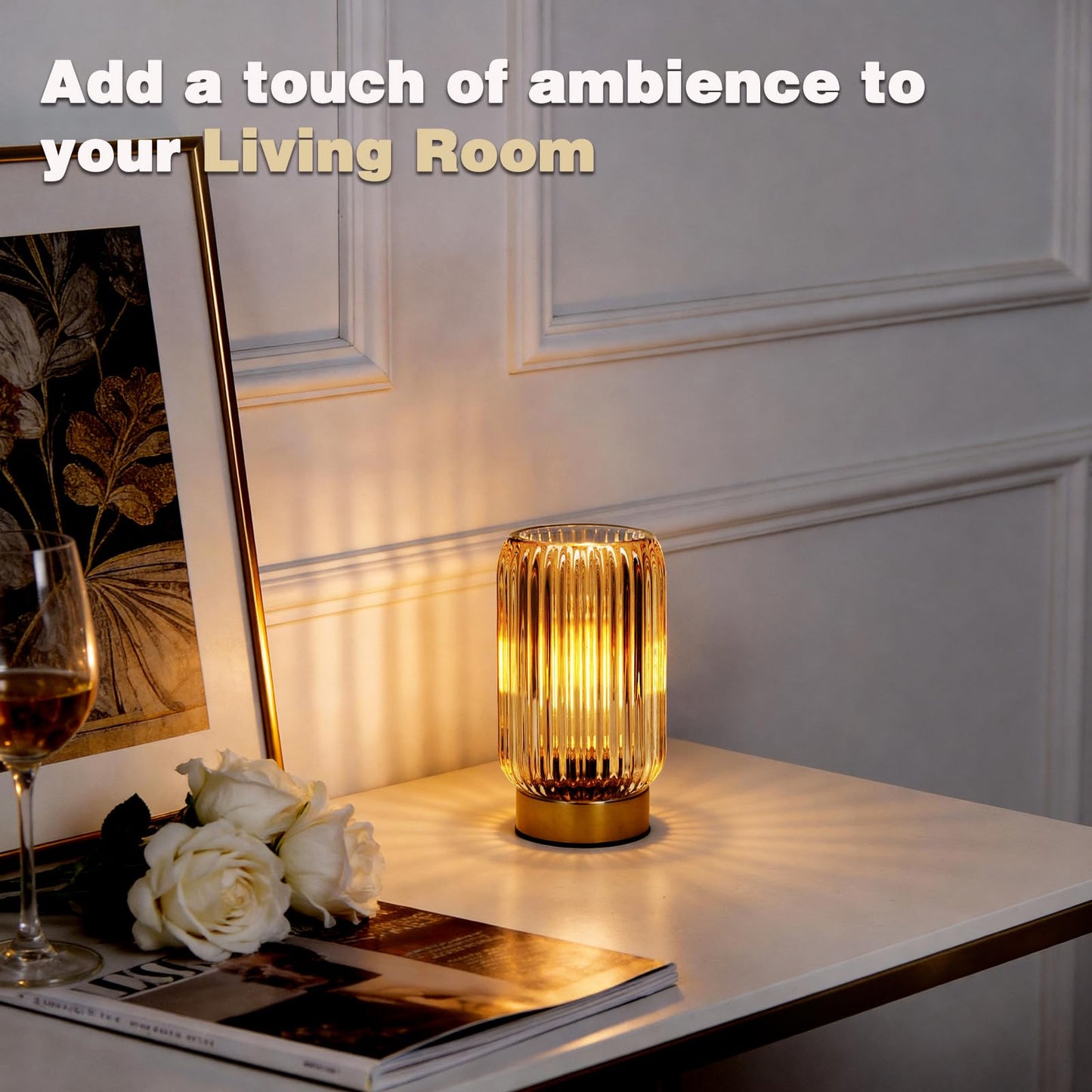 MJ PREMIER Cordless Lamp, Battery Operated Lamp with Timer, Yellow Glass Lampshade, Small Table Lamps for Area No Plug, Decorative Led Light for Bedroom Living Room Shelf (Yellow)