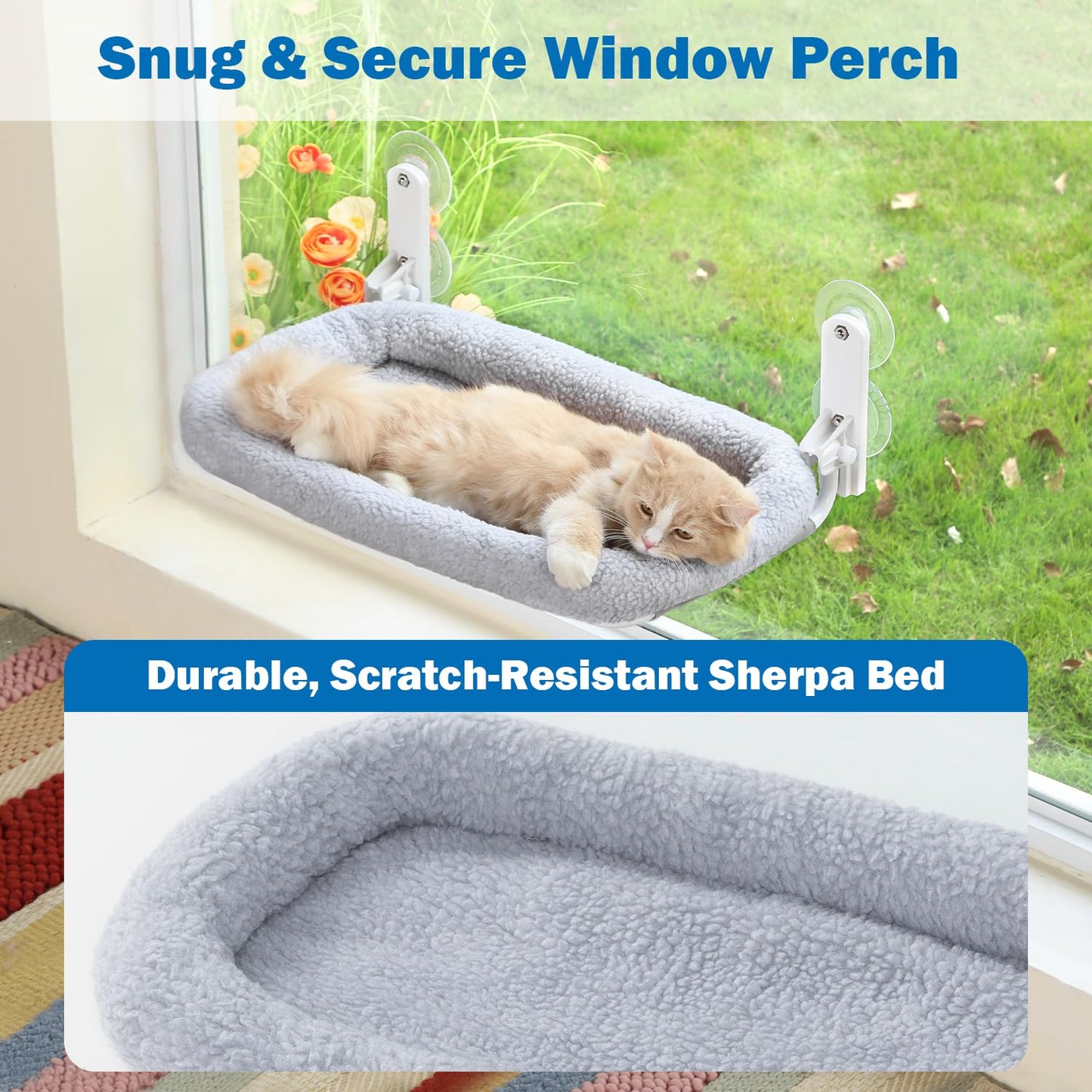 Zakkart Foldable Cat Hammock for Window - Cordless, Machine Washable Bed, Robust Metal Frame & ABS Brackets- Cat Window Perch for Large Cats and Kittens (Gray Bolster Bed, Medium)