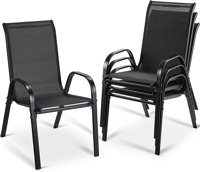 MAMIZO Patio Dining Chairs, Stackable All Weather Teslin Chair, Heavy Duty Outdoor Breathable Chairs Set, w/Armrests, Upgraded Chair FeetW/Strenthened Iron Spacers, 330 LBS (4, Black)