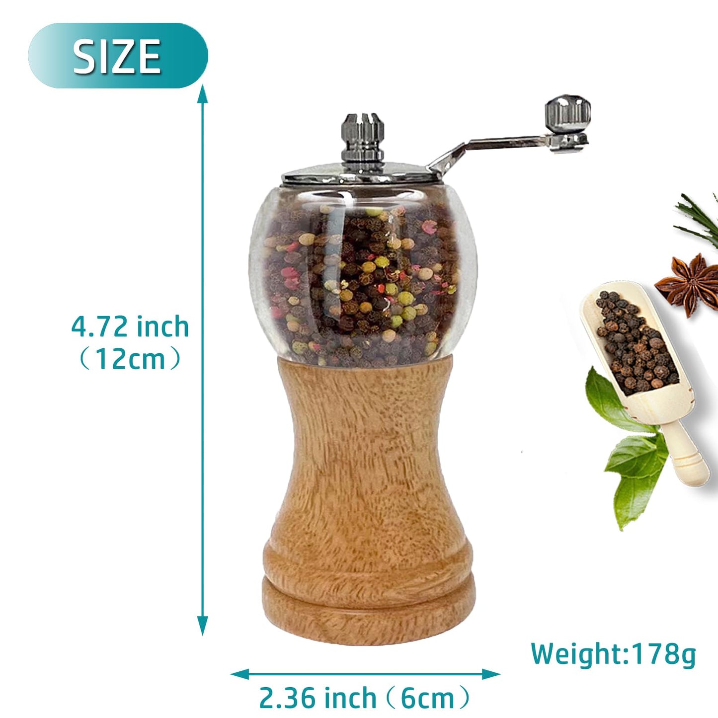 1-piece classic hand shake pepper mill gorgeous salt set, EP material acrylic, ceramic blades with adjustable coarse mill, enjoy your best freshly ground pepper sea salt (1 piece)