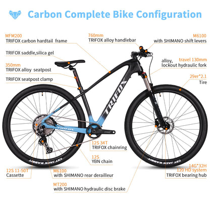 TRIFOX Carbon Fiber Mountain Bike with Shimano M6100 Deore Groupset 12-Speed,Carbon Fiber Frame,Hydraulic Fork 130mm Travel,29er Mountain Bike for Adult 17/19 inch (Blue, 29er * 19 inch)