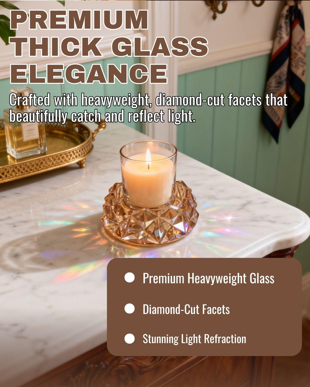 Loyipu Small Geometric 4in Glass Candle Holder – Crystal Tealight Dish & Mini Candle Tray for Small Scented Candles, Votives & Aroma Stones(Honey Amber-4in)