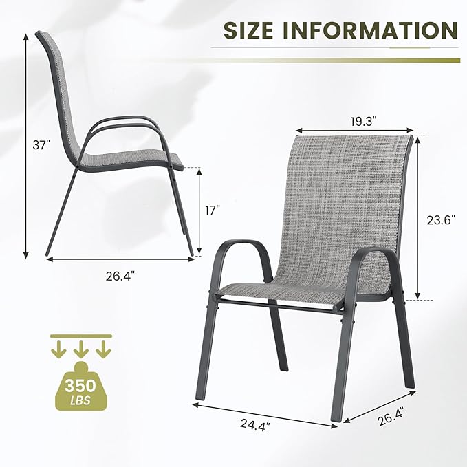UDPATIO Patio Chairs Set of 6, Stackable Outdoor Dining Chairs for All Weather, Outdoor Furniture with Breathable Textilene Fabric, 350LBS Capacity, for Garden, Backyard, Deck (Light Grey)