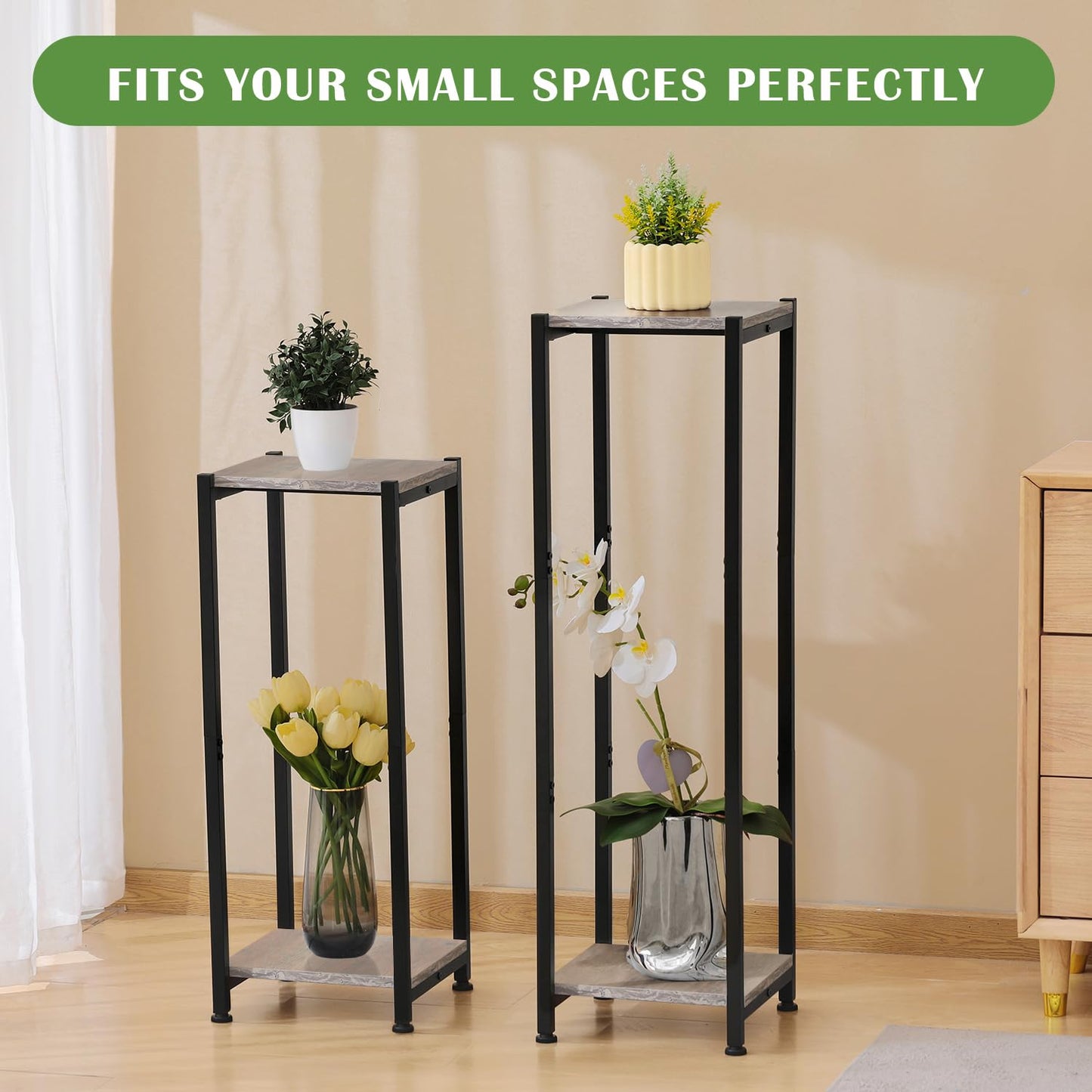 Dipion Extra Tall Plant Stand Indoor,40 Inch Plant Stands,2 Tier Metal Plant Stand with Heavy Duty Wood,Greige and Black