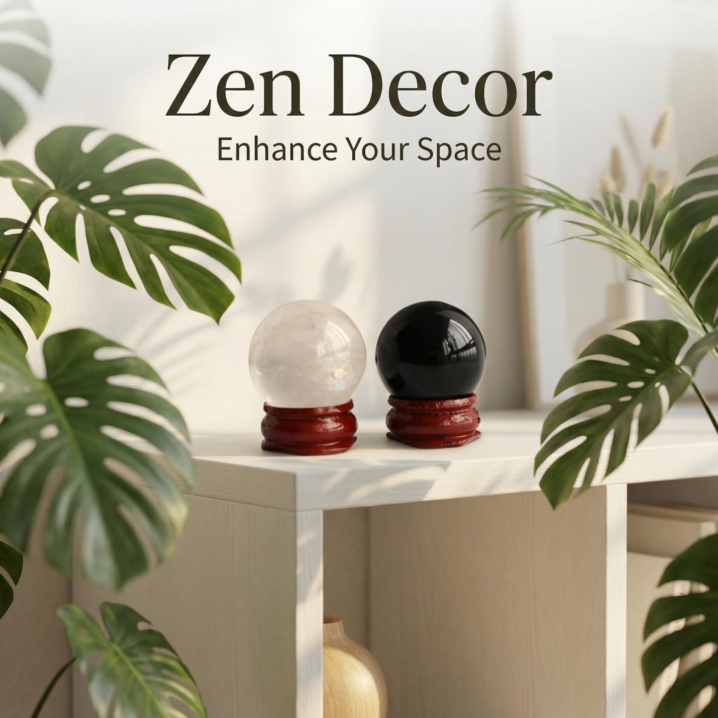 Natural Clear Crystal Ball Sphere with Red Wooden Stand Hand-Carved Quartz Gemstone Home Decor Office Desk Ornament Yoga Meditation Mindfulness Zen Decor Gift ((Clear Quartz+Obsidian) Gift Box Set)