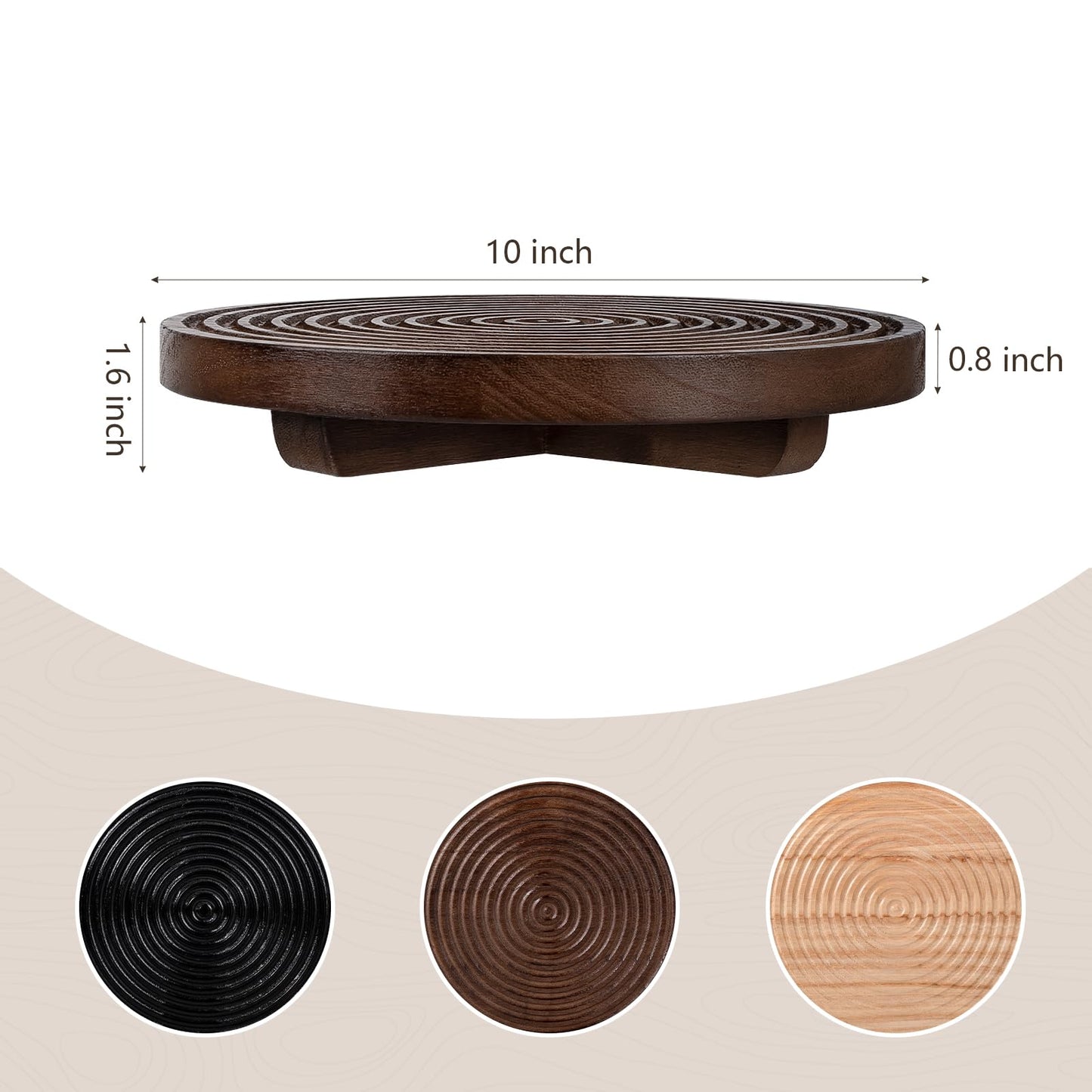 Round Decorative Tray Farmhouse Bathroom Decor Wood Riser Kitchen Countertop Organizer for Perfume, Candle, Plant, 10 inch Walnut