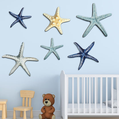 CroBlissful 6 Pcs Summer Starfish Wall Decor Beach Starfish Wooden Wall Art Beach Coastal Wooden Sign with Hook Summer Hanging Decoration for Home Farmhouse Sculpture Indoor Outdoor
