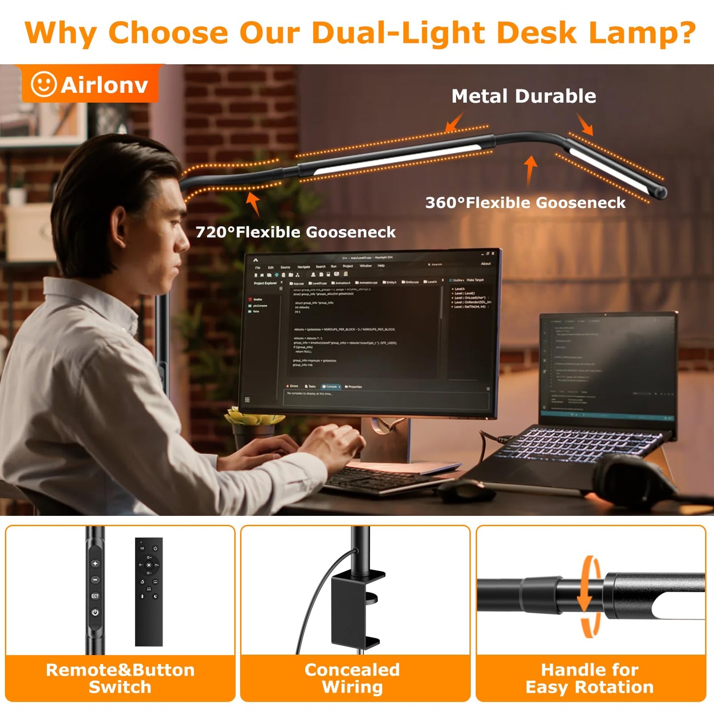 LED Desk Lamp for Office Home, Eye-Caring Desk Light with Stepless Dimming Adjustable Flexible Gooseneck, 10W USB Adapter Desk Lamp with Clamp for Reading, Study, Workbench (Black)