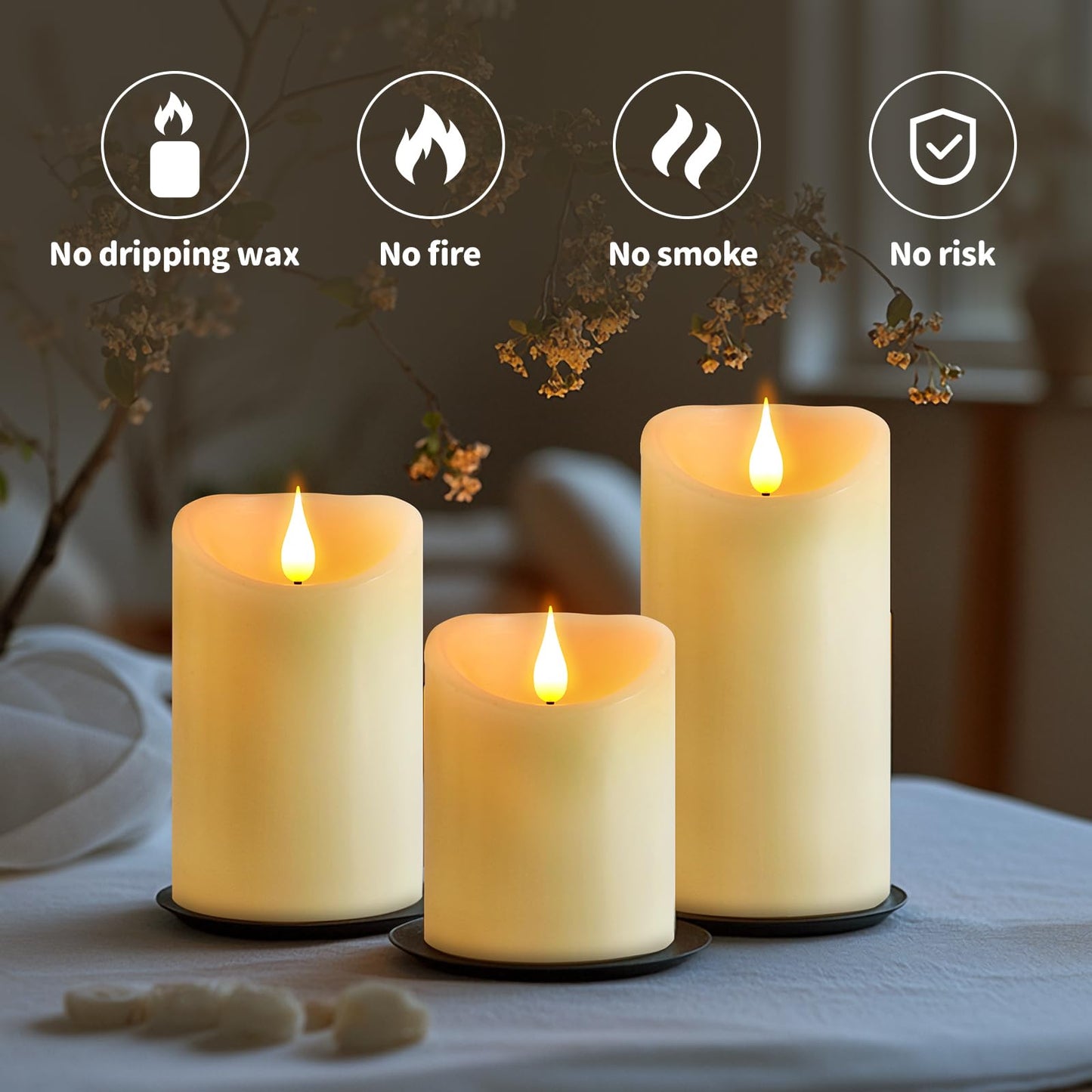 Rechargeable Candles with Remote - LED Pillar Candles with USB Charging Cable, Real Wax Flameless Candles for Lantern Romantic Home Decor, Φ 3" H 4" 6", 3 Pack for Halloween Decor
