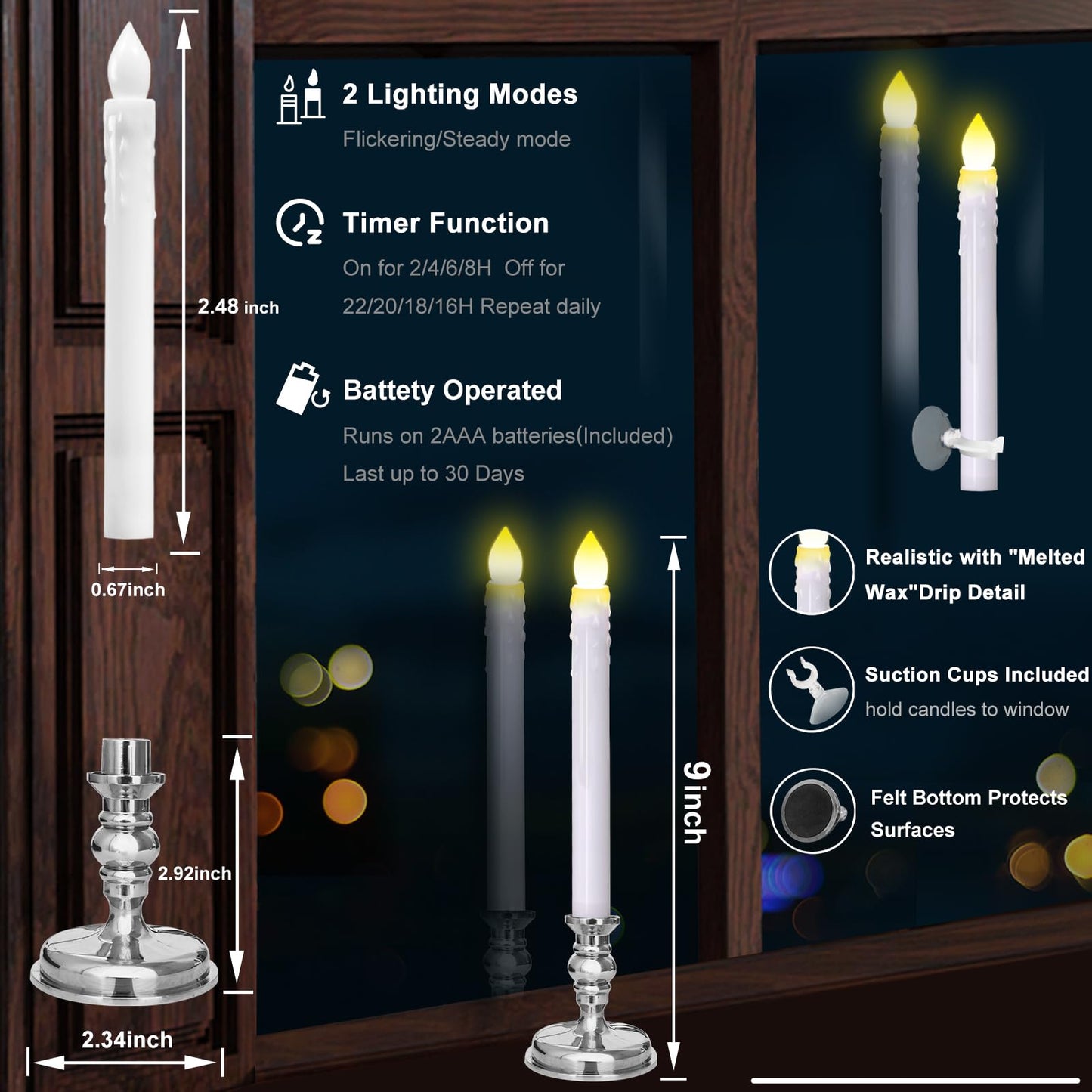 Kithouse 12 Pack Flameless LED Window Candles with Drip Texture,Removable Candle Holders,24 AAA Batteries,Daily Timer,ON/Off Remote,12 Window Suction Cups,Christmas Home Wedding Decor (Sliver)