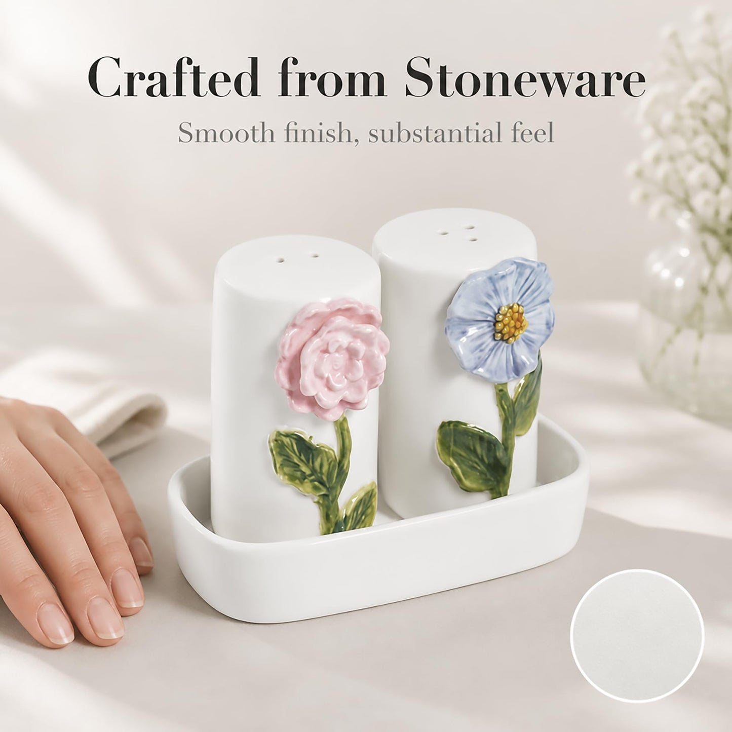 Mud Pie Stoneware Flower Salt And Pepper Shaker Set