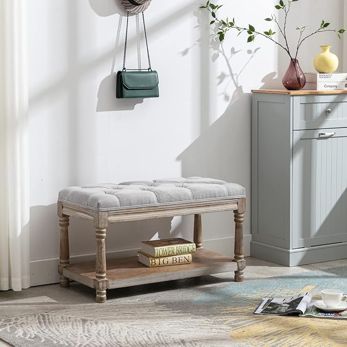 Farmhouse Storage Bench Wooden Entryway Linen Upholstered Ottoman Button Tufted