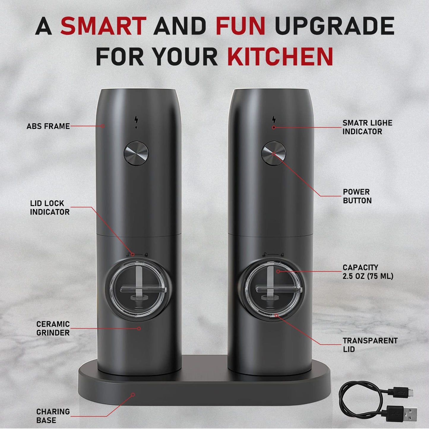 Electric Salt and Pepper Grinder Set of 2, Automatic Pepper Mill,USB Rechargeable, Adjustable Coarseness, One-handed Operation, Ceramic Burr,Refillable, Auto Grinders with Charging Base LED Light