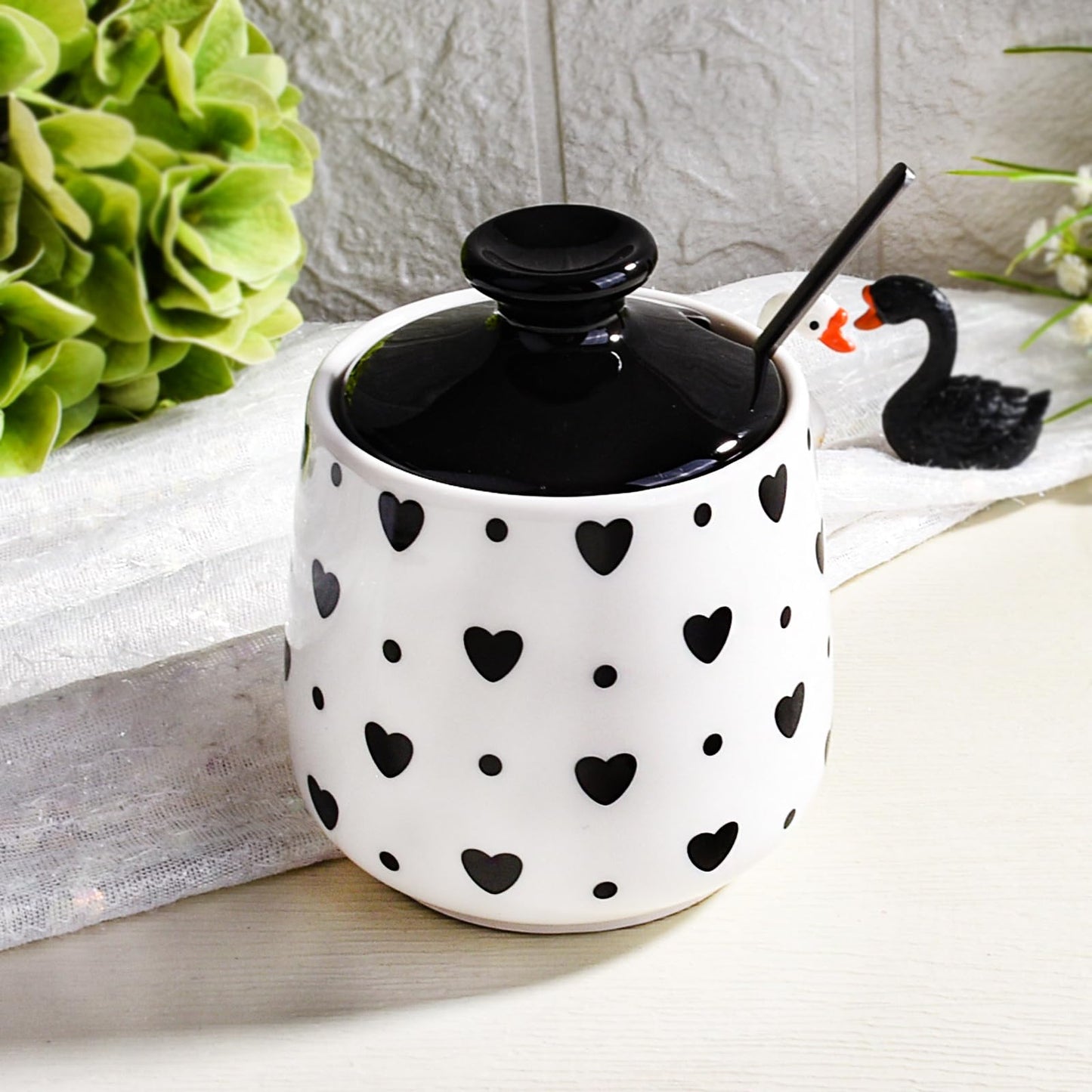 Cerficer Ceramic Sugar Bowl with Lid and Spoon, Decorative Sugar Jar for Coffee Bar, Cute Black Heart, Polka Dot Pattern or Salt Cellar, Modern Farmhouse Kitchen Decor