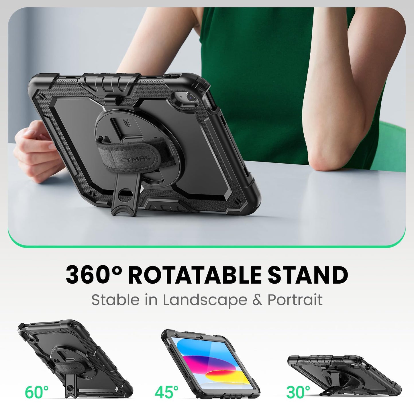 SEYMAC Case for iPad 11th/10th Generation 2025/2022 A16 11inch/10.9inch, Heavy Duty Shockproof with Screen Protector, 360° Rotating Stand/Hand Strap/Pencil Holder for iPad 11 Cover, Black