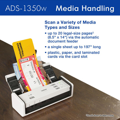 Brother ADS-1350W Wireless Compact Desktop Scanner | Scan Speeds of Up to 30ppm | Single Pass Double-Sided Scanning