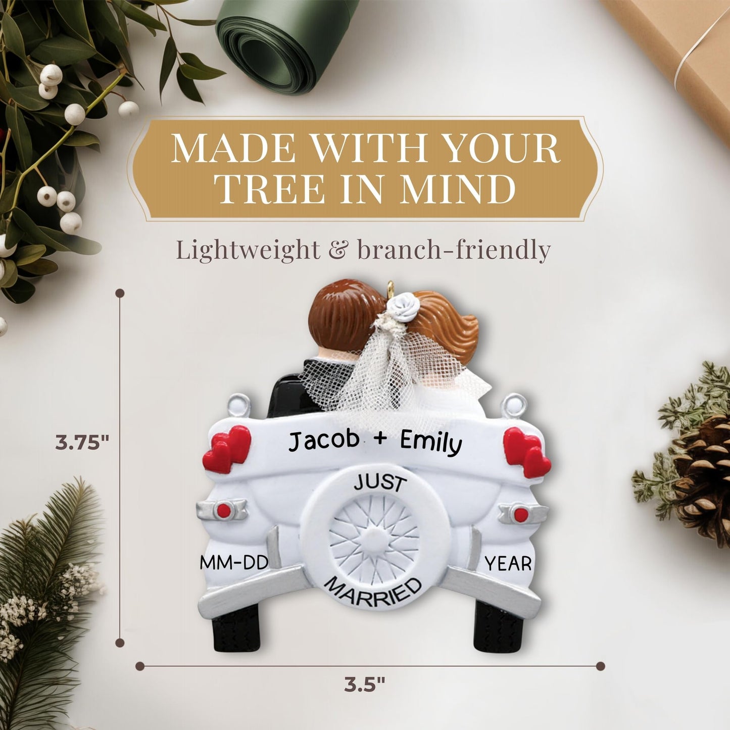 Personalized Wedding Christmas Ornament 2025 | Free 24h Customization | Laser Engraved Couple Christmas Ornaments for Tree | Custom Gift Wrapped Just Married Car Keepsake for Newly Weds, Bride & Groom