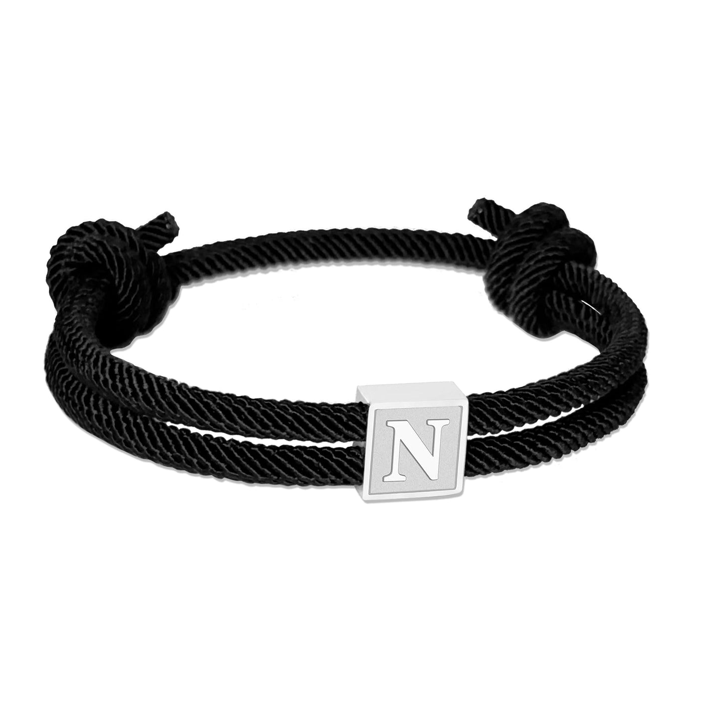 BHDJSHX Personalized Stainless Steel Initial Bracelet for Men-Adjustable Black Braided Cord with A-Z Letter (7-13 Inches) - Unisex Jewelry for Brothers, Son, Boyfriend, or Girlfriend(N)
