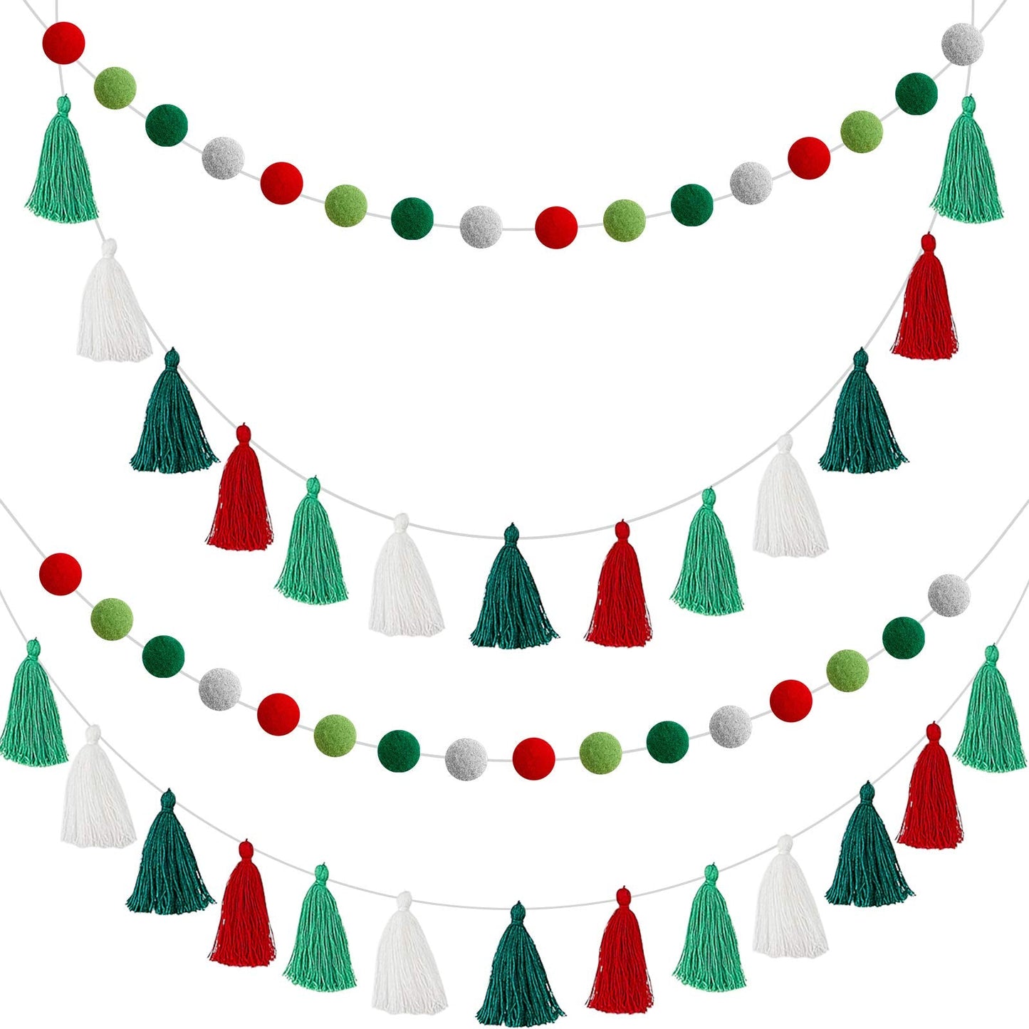 Syhood 4 Pcs Christmas Pom Pom Tassel Garland Felt Pompom Ball Banner Christmas Tassel Garland for Xmas Tree Hanging Decorations Holiday Party Supplies Home Decor(Red Green White)
